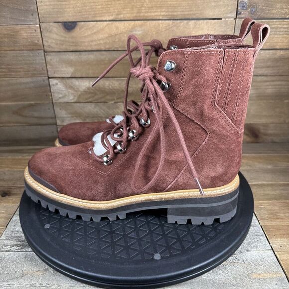 Marc Fisher LTD Lizzie Womens 7 Red Suede Leather Lace Up Fur Trim Ankle Boot - Picture 3 of 11